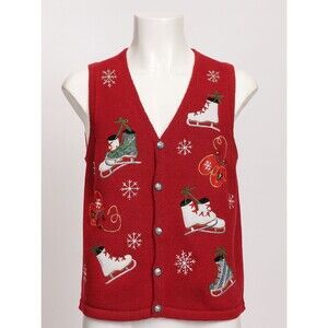 Basic Editions Holiday Ugly Christmas Sweater Vest Women’s 1X Red Embroidered